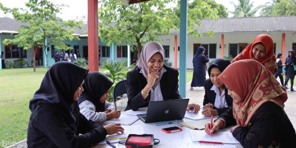 Sekolah SMK Berea dengan siswa belajar di luar ruangan.