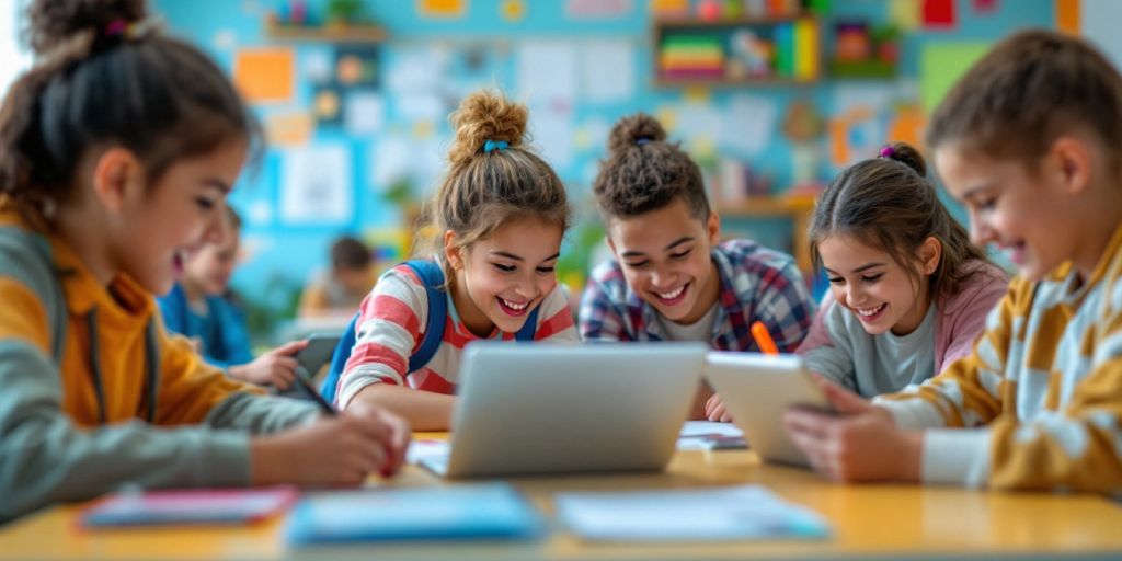 Siswa belajar dengan tablet dan laptop di kelas.