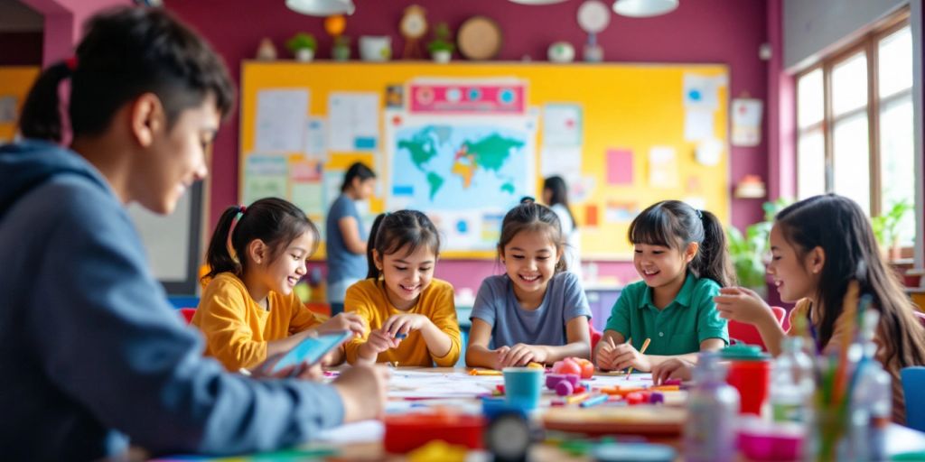 Gambaran kelas yang penuh warna dengan siswa berkolaborasi.