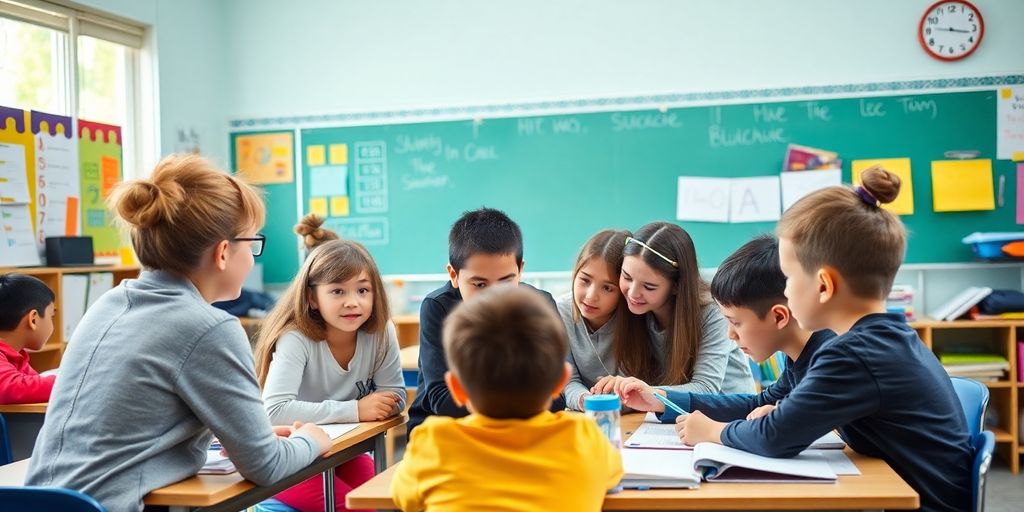 Kelas yang dinamis dengan siswa dan guru berinteraksi.